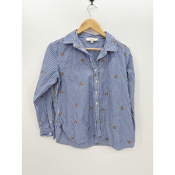 LOFT Tops - Loft Blue White Pinstripe Dog Embroidered Everyday Shirt Button Down Small‎ BR35